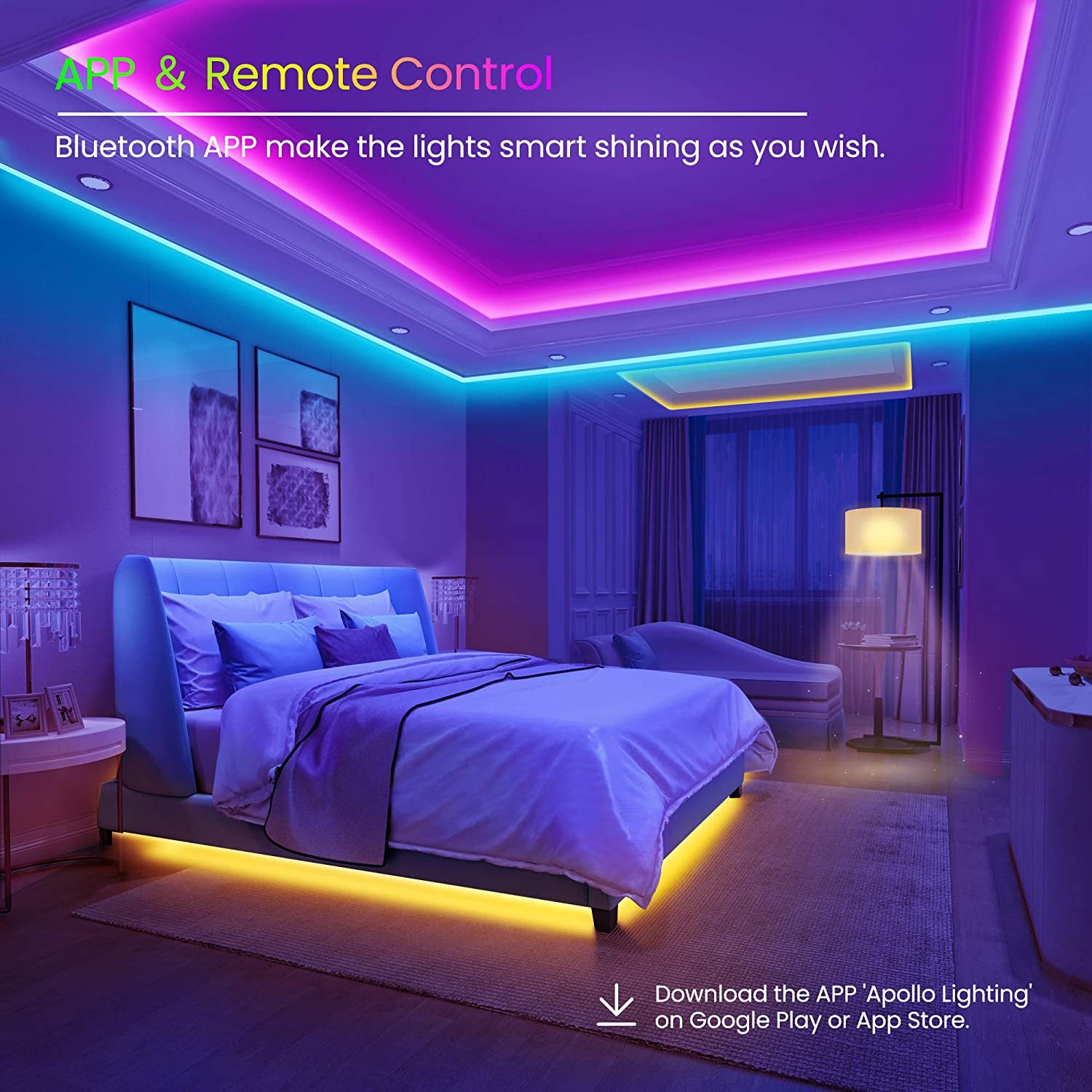 50FT LED Strip Lights - Bluetooth, Music Sync, Color-Changing with App & Remote