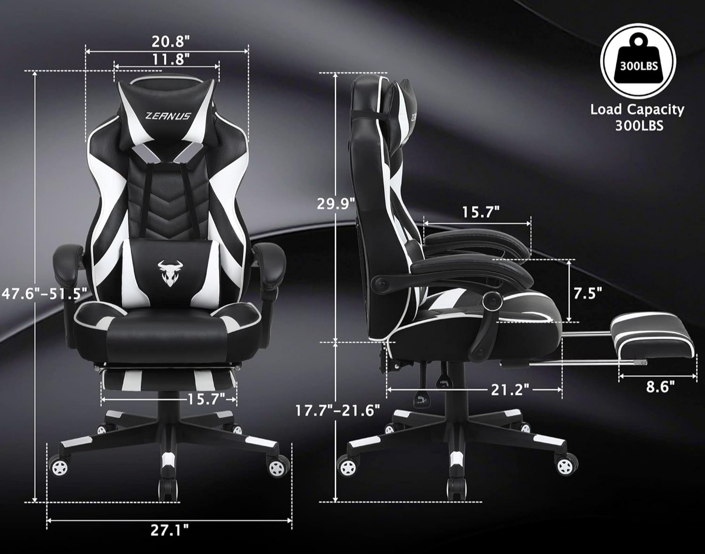 Silla Gaming Ergonómica con Reposapiés y Masaje (Blanca/Negra)