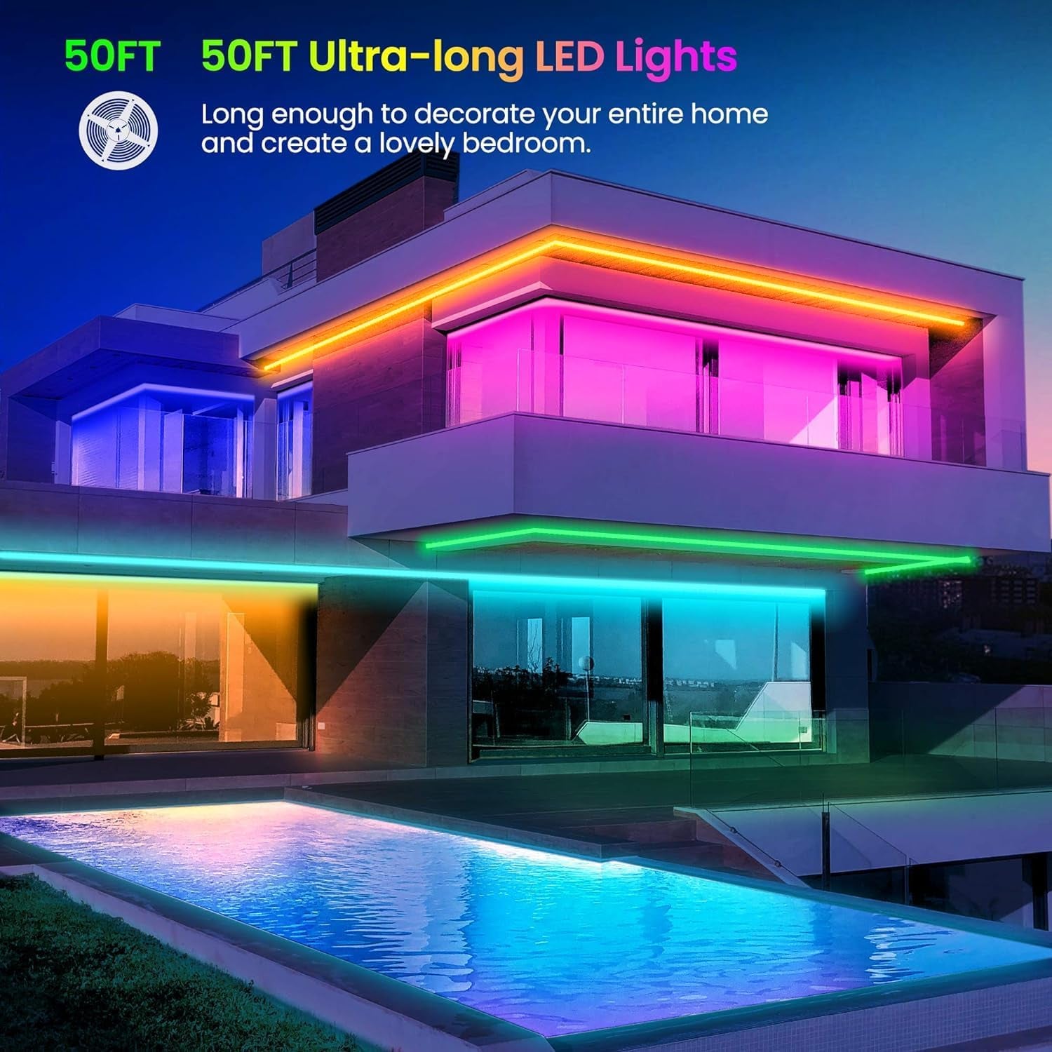 50FT LED Strip Lights - Bluetooth, Music Sync, Color-Changing with App & Remote