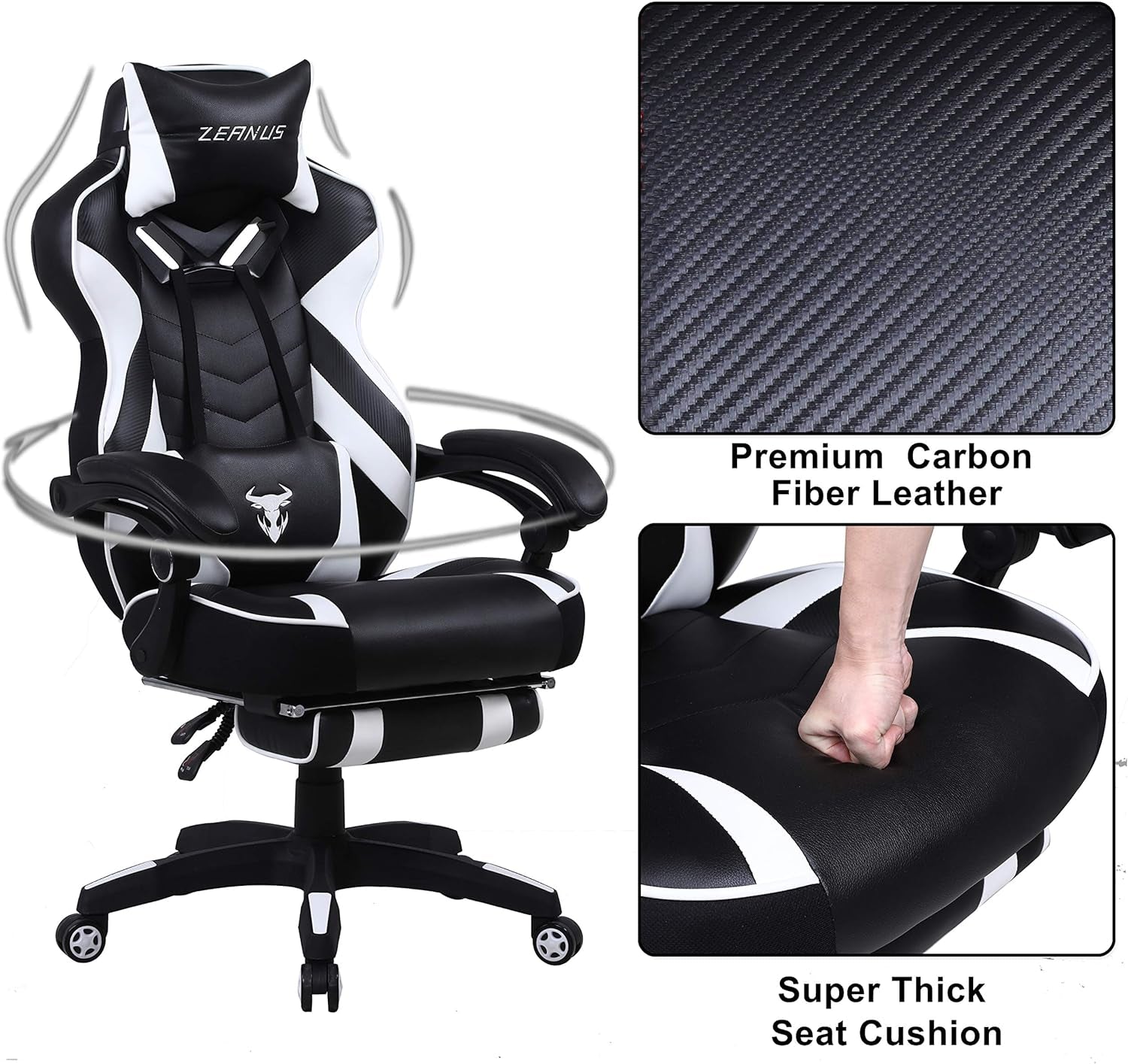 Silla Gaming Ergonómica con Reposapiés y Masaje (Blanca/Negra)