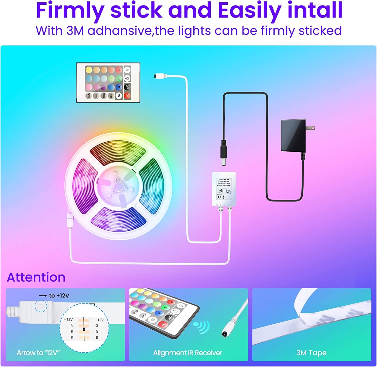 50FT LED Strip Lights - Bluetooth, Music Sync, Color-Changing with App & Remote