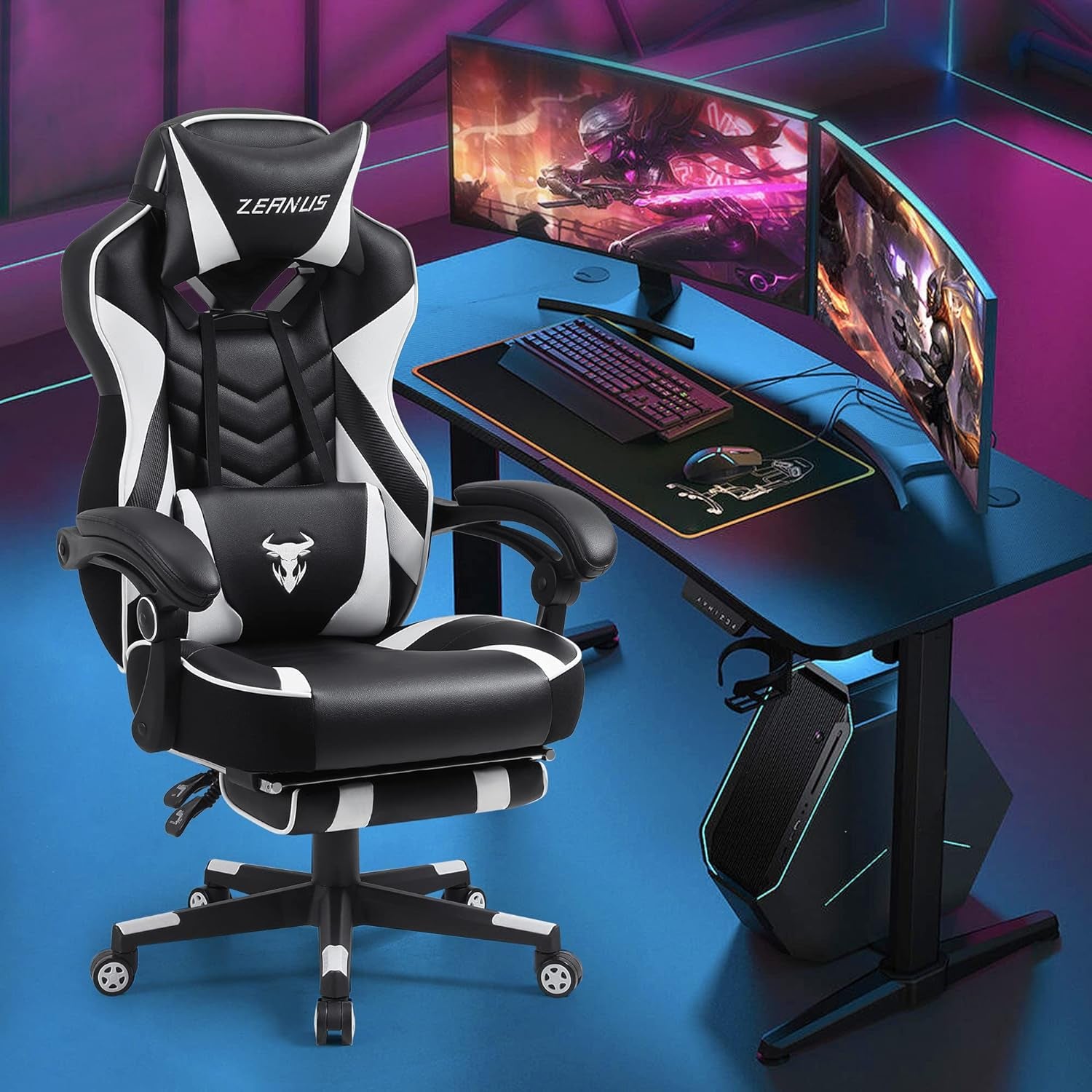 Silla Gaming Ergonómica con Reposapiés y Masaje (Blanca/Negra)